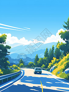 山路在森林中公路上行驶的卡通汽车插画