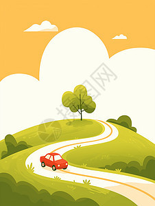 在山坡小路上行驶着一辆可爱的卡通汽车图片