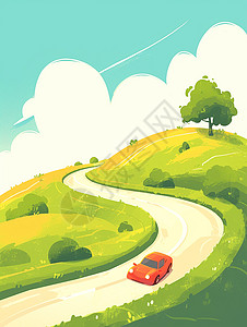 汽车装饰品乡间小路上行驶着一辆可爱的卡通小汽车插画