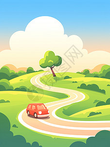 春天乡间小路上行驶着一辆可爱的卡通小汽车图片