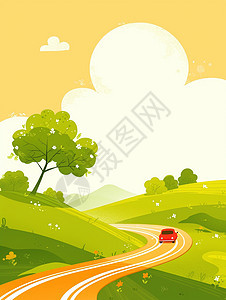 山中小路行驶着一辆红色卡通小汽车扁平风插画图片