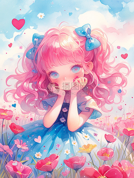 春天坐在花丛中粉色蓬蓬头发可爱的卡通小女孩图片