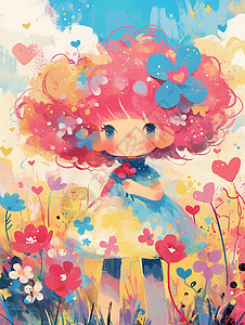 春天坐在花丛中粉色蓬蓬头发可爱的小女孩图片