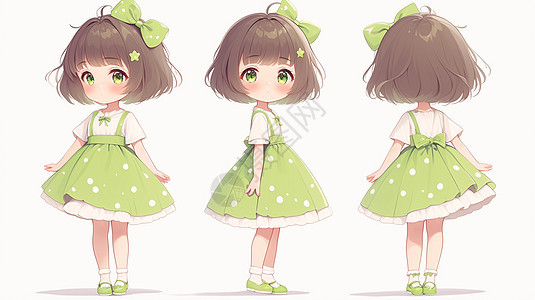 穿绿色连衣裙多角度可爱的卡通小女孩图片