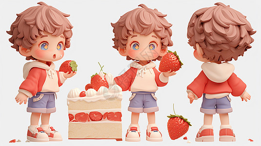 草莓蛋糕主题可爱的卡通小男孩IP形象背景图片