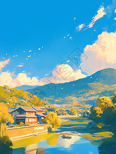 蓝天白云下乡村间唯美精密的小村庄背景图片