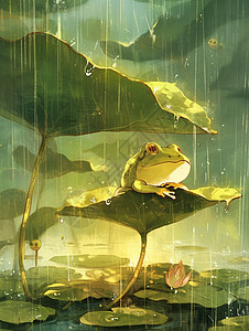 雨中拿着荷叶伞坐在荷叶上躲雨的卡通小青蛙图片