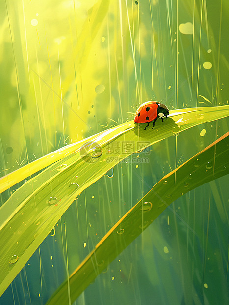 雨中一只可爱的卡通七星瓢虫图片