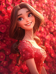 穿着红裙子在红色花丛中可爱的卡通小公主图片