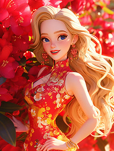 穿着裙子在红色花丛中可爱的卡通小公主图片