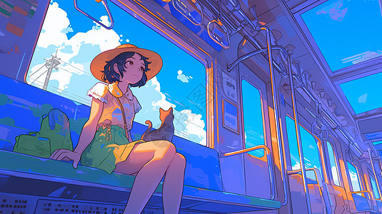戴着帽子与宠物猫一起坐车的旅行的卡通年轻女孩背景图片
