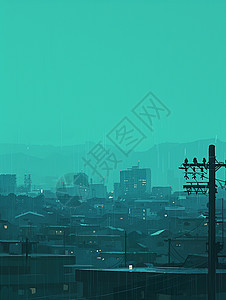 夜晚大雨中的卡通小镇图片