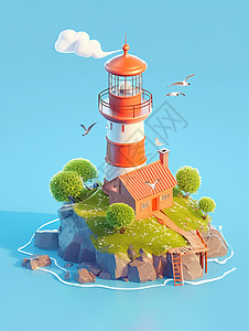 大海上一个高高的卡通瞭望塔背景图片