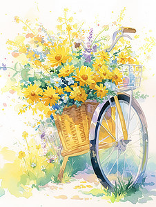 自行车车筐里一束唯美的卡通花朵背景图片