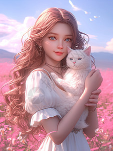 波浪长发卡通女孩抱着白猫在花园中图片