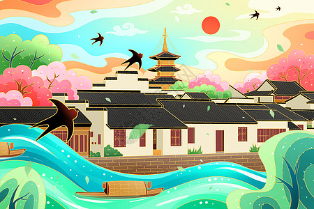 春天城市清新国潮春天苏州寒山寺插画插画