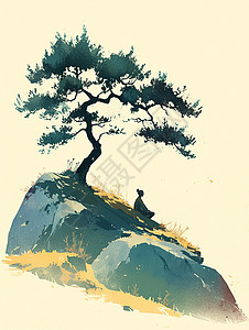 山坡上一棵古老的松树下休息的小小的卡通人物剪影背景图片