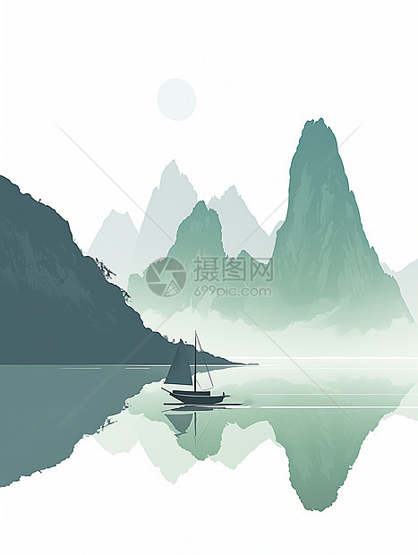 山水间湖面上飘着一艘小船图片