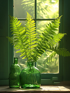 放在窗前一瓶嫩绿色的植物图片