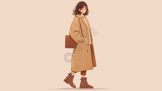 穿棕色风衣背着包时尚漂亮的卡通女孩背景图片