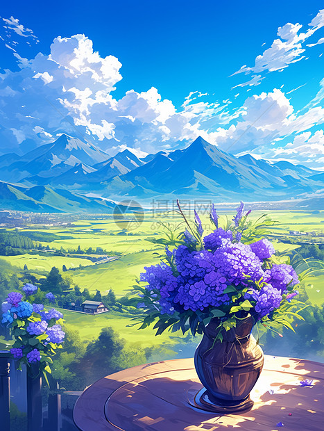 蓝天白云下桌子上放着一瓶插着紫色花朵的花瓶图片