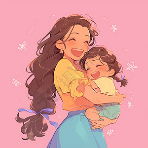 母亲节开心拥抱的卡通母女背景图片