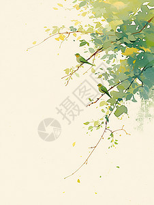 春天落在树杈上的可爱卡通小鸟背景图片