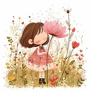 春天手拿花朵可爱的卡通小女孩背景图片