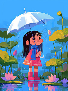 春天雨中穿着红裙子打着小伞在赏花的可爱卡通小女孩图片