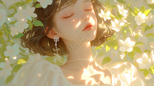 穿白色裙子在花丛中小清新漂亮的卡通女孩图片