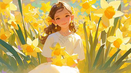 春天午后在黄色花园中赏花的小清新漂亮卡通小女孩图片