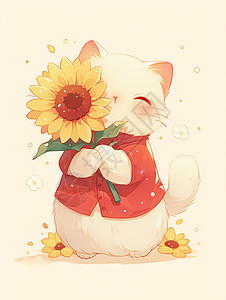 手拿花的可爱卡通小猫背景图片