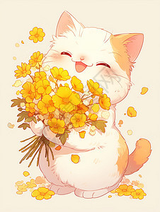 怀抱着小黄花的可爱卡通小花猫背景图片