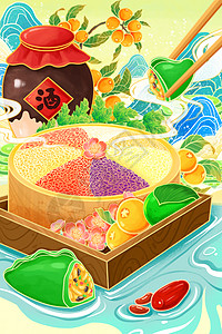 国潮风手绘清明节美食清明饭艾饺黄酒枇杷场景插画图片
