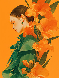 在橙色花丛中的优雅时尚的卡通女人图片