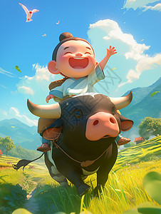骑着大黑牛开心笑的卡通小牧童背景图片