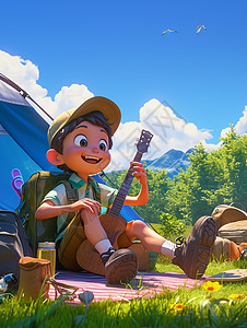 在山坡上露营弹琴开心笑的卡通小男孩背景图片