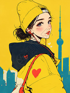 涂鸦风时尚的黄色调在街角处女子图片
