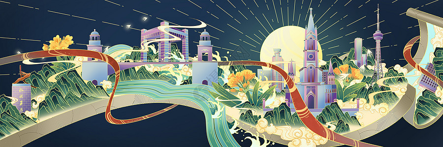 吉林城市地标手绘插画国潮山水长卷图片
