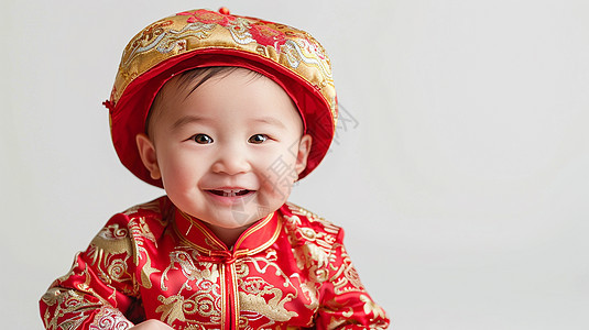 穿着红色喜庆的民族风服装开心笑的女婴图片