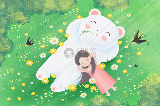治愈春天女孩和熊躺在草地上休息插画背景图片