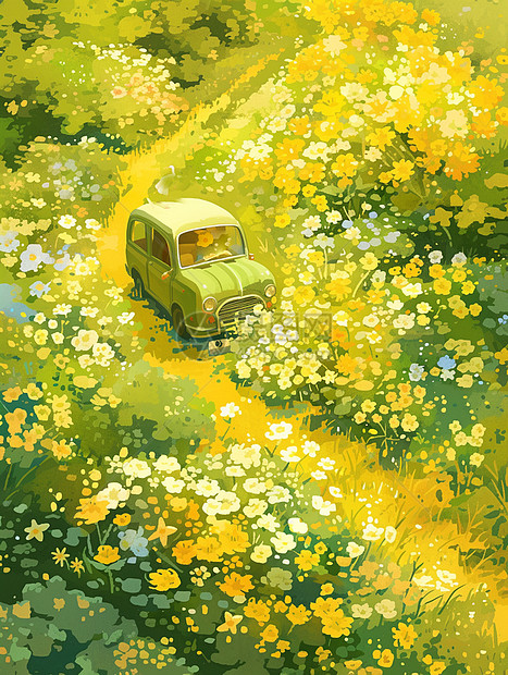 开满鲜花的春天小路上行驶着一辆汽车图片