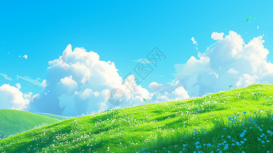 蓝天白云下一片油油的草地上开满了鲜花图片