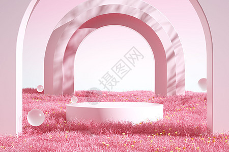 粉色草地展台背景图片