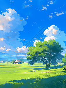 春天蓝天白云下的村庄唯美春天卡通风景图片