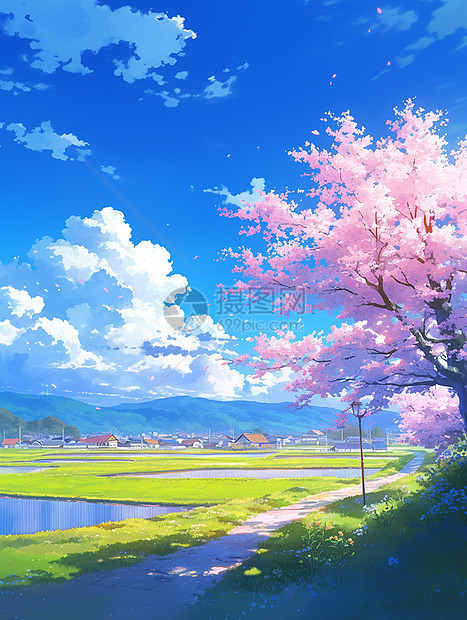 春天蓝天白云下小小的村庄唯美春天风景图片