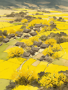 村庄田地间盛开着黄色唯美的油菜花手绘风唯美卡通风景图片