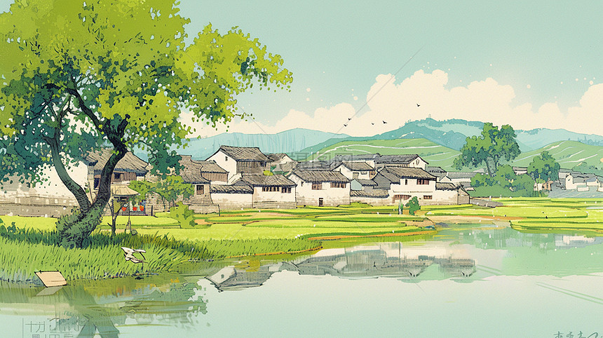 小河边一座卡通小村庄图片