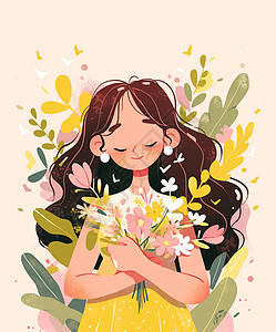 怀抱着花束面带微笑可爱的卡通小女孩图片