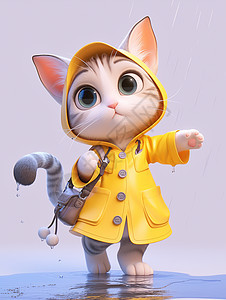 穿着黄色雨衣背着包在雨中的可爱小猫图片